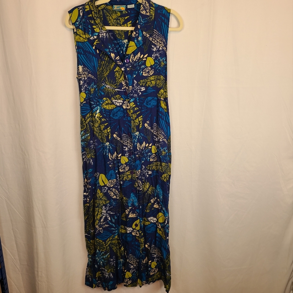 Bahama Beach ladies M dress long blue with printed detail button and tie back